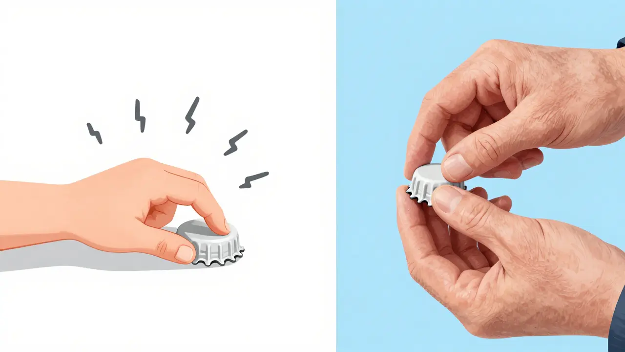 Comparison of a child failing to open a safety cap and a senior succeeding