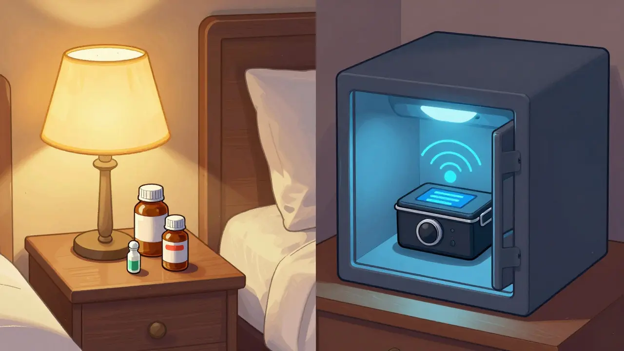 Comparison of risky medication on a nightstand versus secure storage in a hotel safe