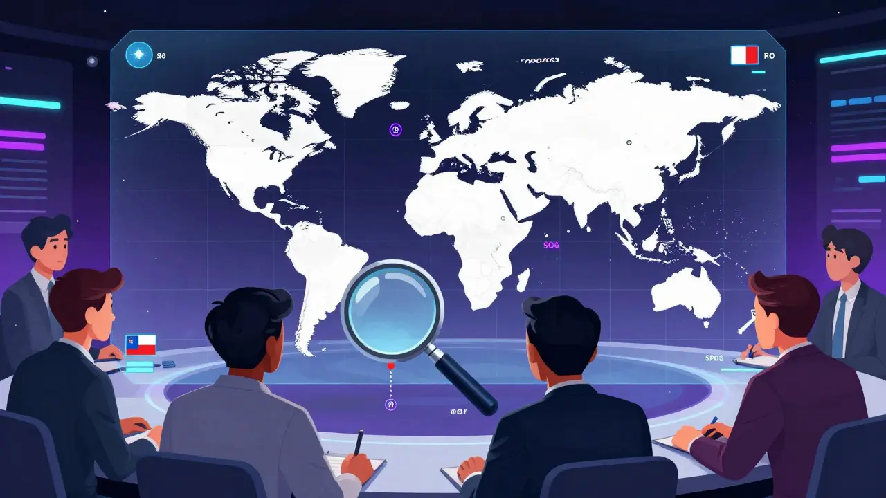 Concept art of analysts tracking global patent expiration dates on a futuristic holographic calendar.
