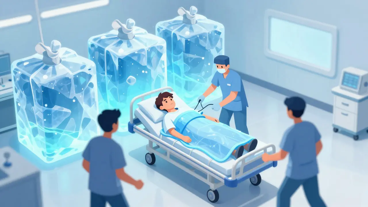 Conceptual art of a patient receiving emergency cooling treatment in a hospital.
