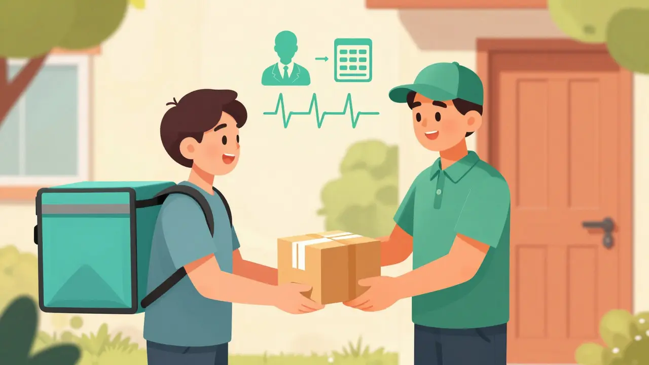 Courier delivering a medical package to a patient at their home.