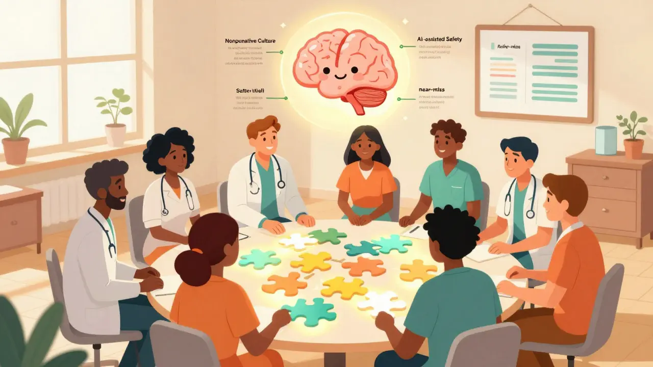 Healthcare team collaborating to build a safety wall with a supportive AI icon overhead.