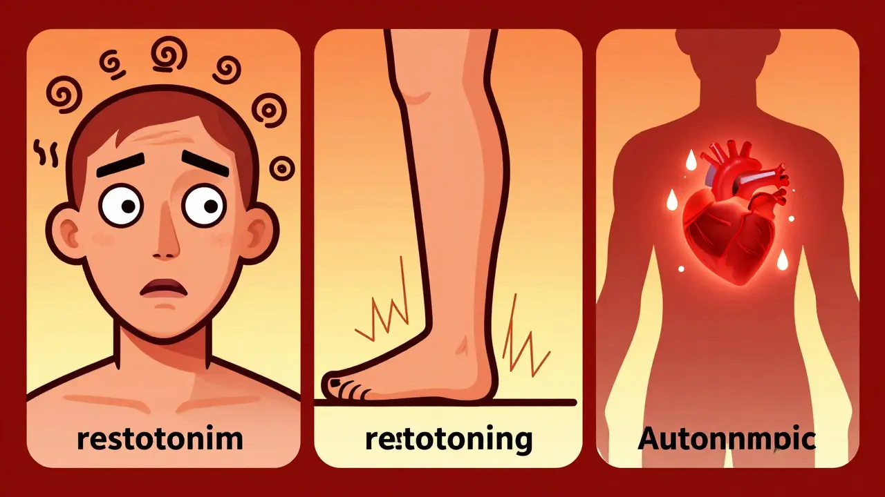 Illustration showing the symptoms of confusion, muscle jerking, and a racing heart.