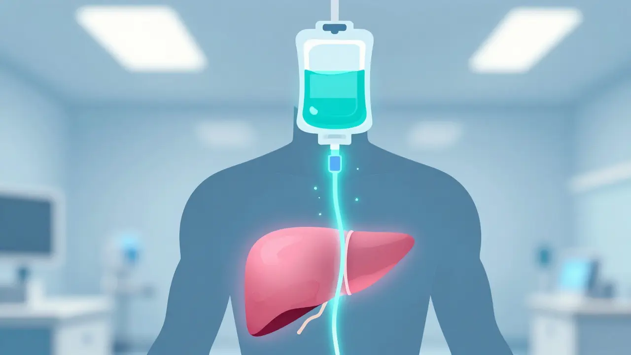 IV drip with glowing teal medicine repairing a stylized human liver from grey to pink.
