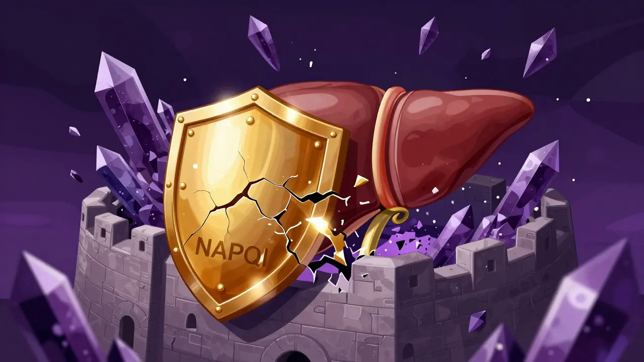 Metaphorical illustration of toxins attacking a liver fortress as its protective shield breaks.