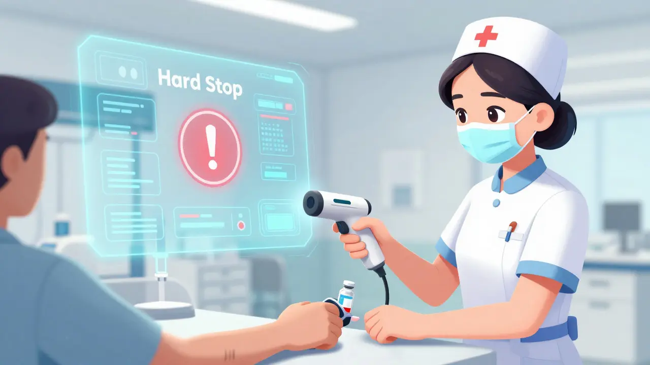 Nurse using a barcode scanner with a digital safety alert appearing on a holographic screen.