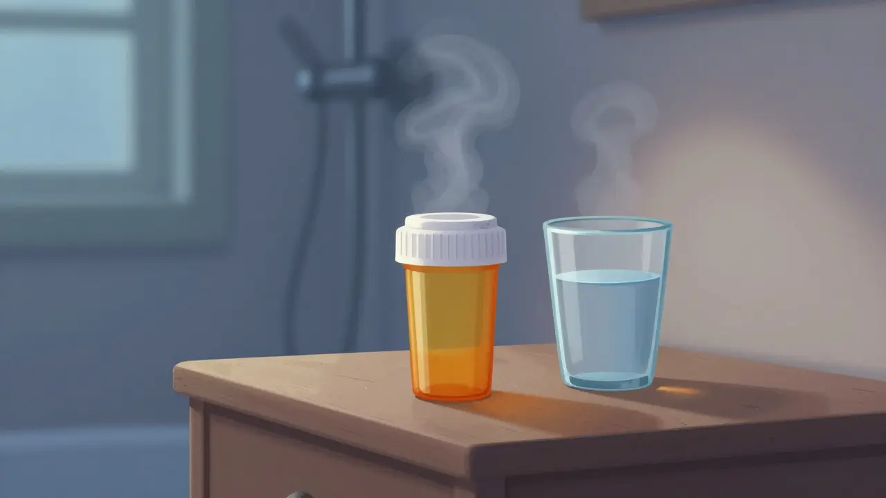 Prescription bottle stored safely on a nightstand in a dry environment.