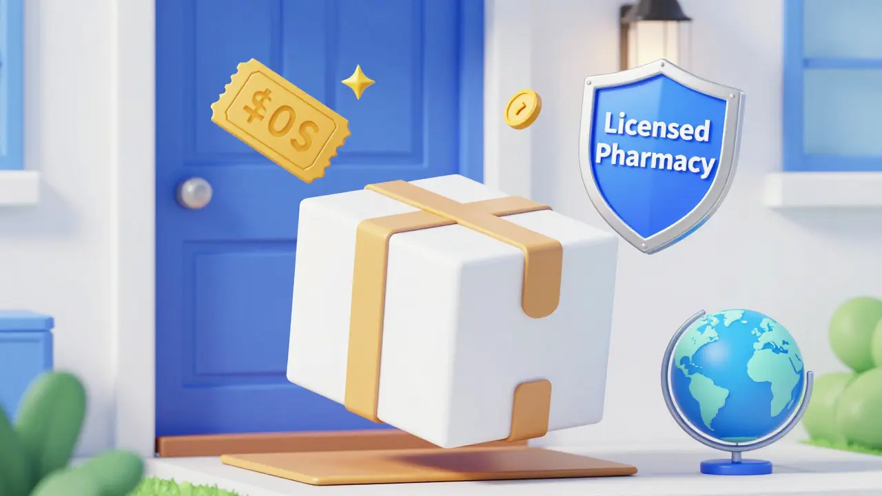 Secure medicine delivery package with floating coupon and license icons.