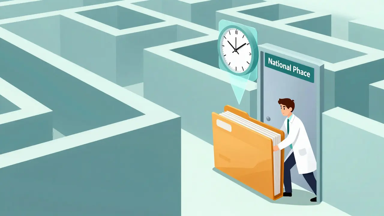 Stylized art of a scientist navigating a bureaucratic maze of patent filings and time adjustments.