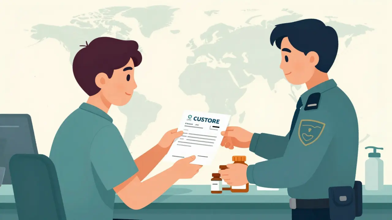 Traveler presenting a medical letter and prescriptions to a customs officer